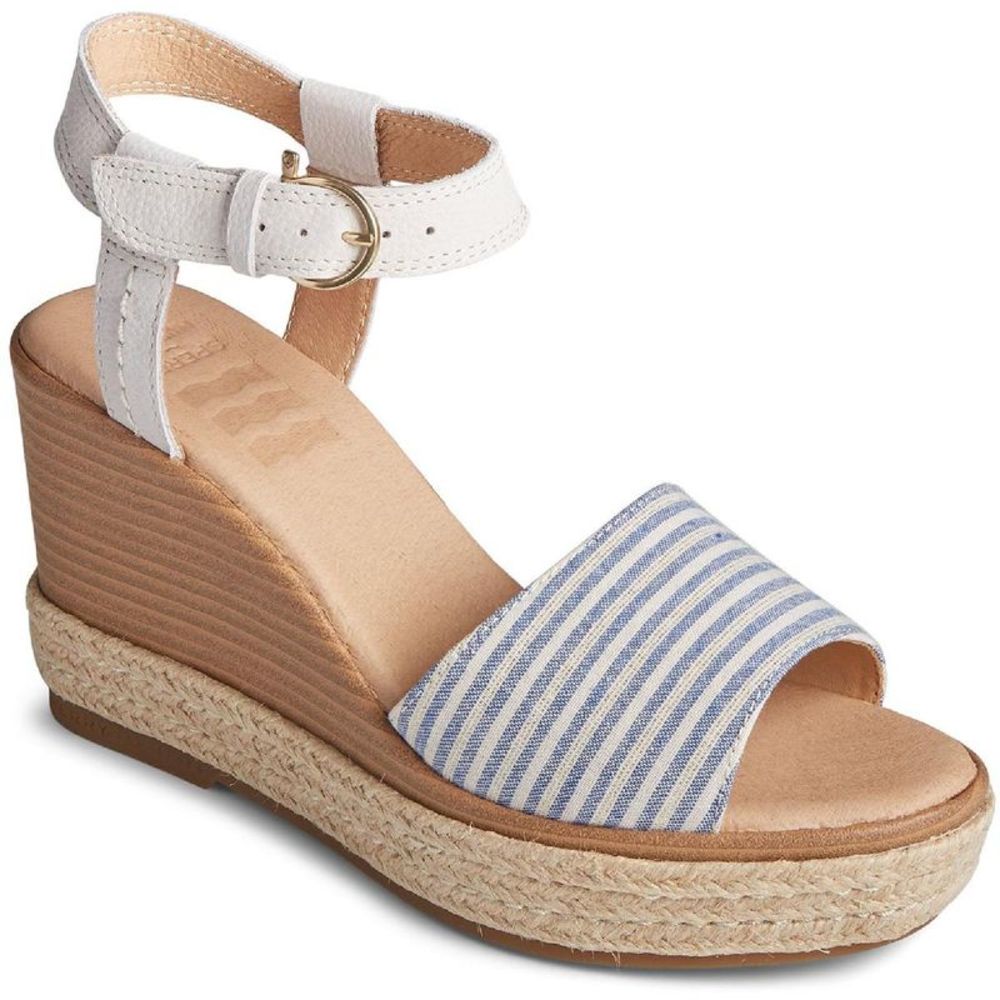 Sperry White Ankle-Strap Espadrille Wedge Sandal with Blue-White Striped Toe